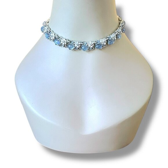 Vintage 1950s Choker Necklace Blue Rhinestone Confetti Lucite Floral Enamel READ - Picture 8 of 16